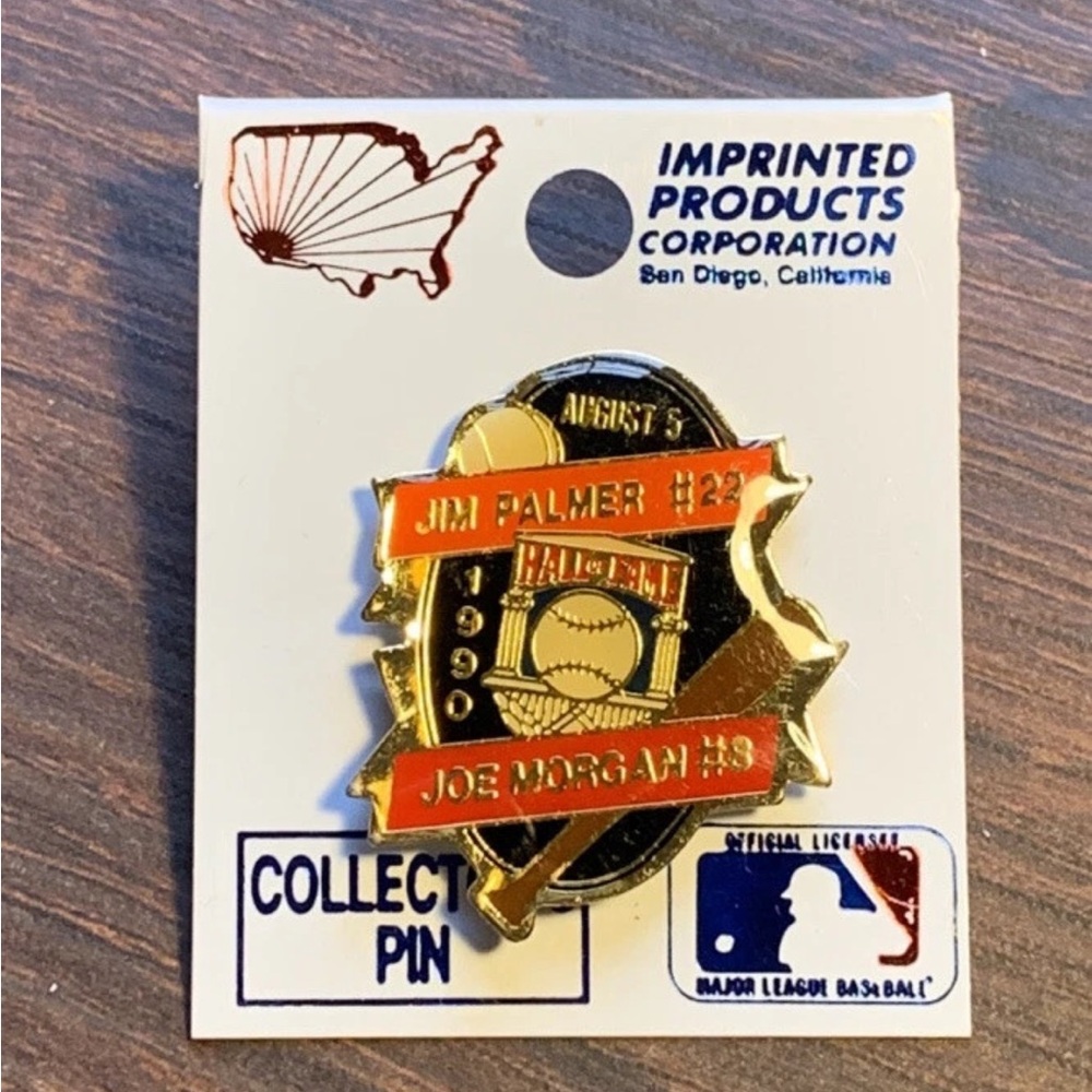 1990 Jim Palmer #22 Joe Morgan HS Baseball Collectible Pin MLB Licensed w/ Card